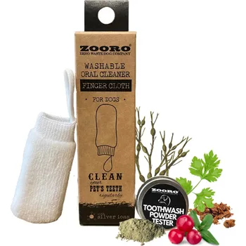 Péče o psí chrup Zooro Grooming Tool | Zooro Čistič zubů „zubní kartáček“ pro psy na prst, látkový, pratelný, s aktivním stříbrem + DÁREK ZUBNÍ PUDR