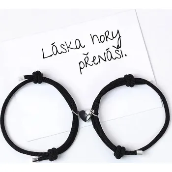 Náramek KNITO Love - Náramek pro páry s magnetickým srdcem – 2× černý, s černo-stříbrným srdcem
