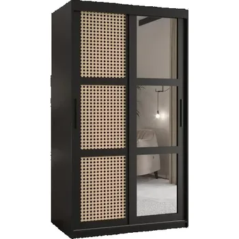 Šatní skříň Šatní skřín s posuvnými dveřmi, zrcadlem a vzorem vídeňského výpletu - 100cm Černá