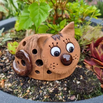 Zahradní dekorace Keramická kočička menší na svíčku tmavá Motiv: otevřené oči