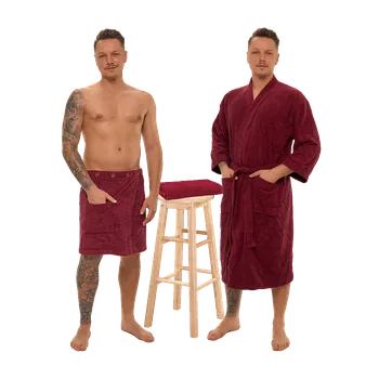 Pánský župan Sada Bordeaux: župan KIMONO + pánský saunový kilt + osuška M
