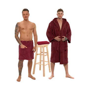 Pánský župan Sada Bordeaux: župan s kapucí + pánský saunový kilt + osuška M