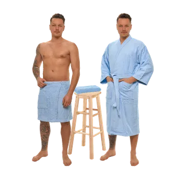 Pánský župan Sada Light Blue: župan KIMONO + pánský saunový kilt + osuška M