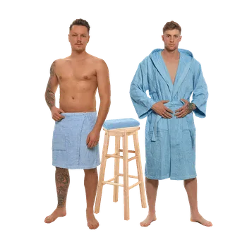 Pánský župan Sada Light Blue: župan s kapucí + pánský saunový kilt + osuška L