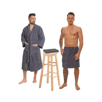 Pánský župan Sada Dark Grey: župan KIMONO + pánský saunový kilt + osuška L