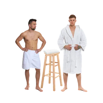 Pánský župan Sada White: župan s kapucí + pánský saunový kilt + osuška L