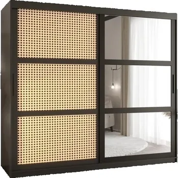 Šatní skříň Šatní skřín s posuvnými dveřmi, zrcadlem a vzorem vídeňského výpletu - 200cm Černá