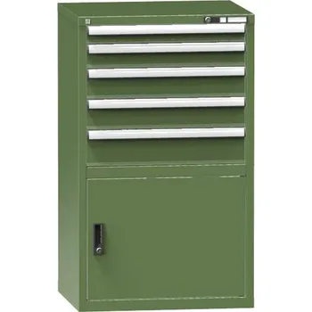 Zásuvková dílenská skříňka, v x š x h: 1215 x 731 x 630 mm, 5 x zásuvka, 1 x skříňka, barva zelená RAL6011