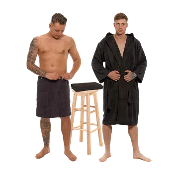 Pánský župan Sada Black Chocolate: župan s kapucí + pánský saunový kilt + osuška M