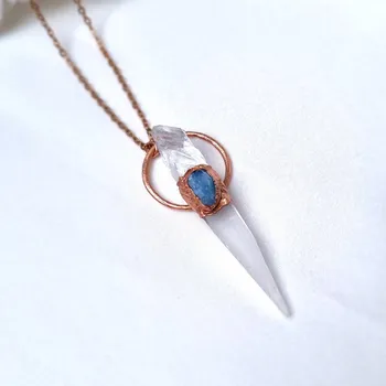 Náhrdelník Lemurský křišťál ,,Klíč" a akvamarín, přírodní krystaly - přívěsek/náhrdelník ŠPERKY S PŘÍRODNÍMI KRYSTALY