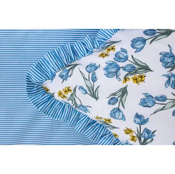 Povlak na polštářek Podpěrová s.r.o. Povlak s kanýrem TULIPÁNY / modrý proužek Velikost: Bavlněný povlak s kanýrem 40x40 cm N