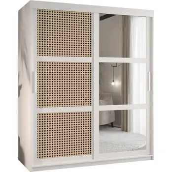 Šatní skříň Šatní skřín s posuvnými dveřmi, zrcadlem a vzorem vídeňského výpletu - 150cm Bílá