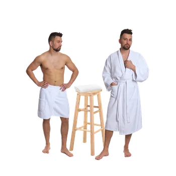 Pánský župan Sada White: župan KIMONO + pánský saunový kilt + osuška M