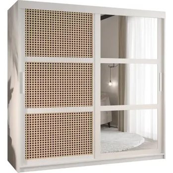 Šatní skříň Šatní skřín s posuvnými dveřmi, zrcadlem a vzorem vídeňského výpletu - 180cm Bílá