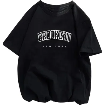 Dámské tričko Černé dámské tričko s krátkým rukávem Potisk Brooklyn New York Ležérní městský styl Měkký bavlněný materiál Pohodlný kulatý výstřih XS