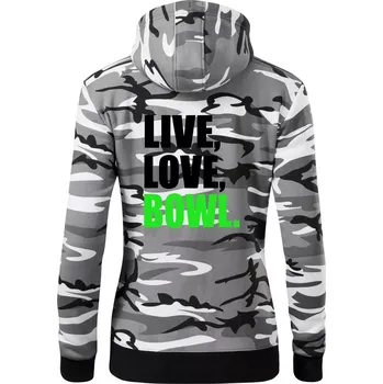 Dámská mikina Live, Love, Bowl - Dámská mikina trendy zipper s kapucí - XS ( Šedý maskáč )