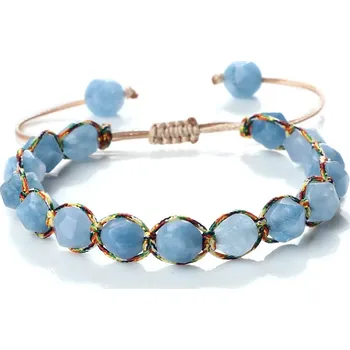 Náramek Pletený náramek s minerálnímu korálky | párový náramek, minerální náramek - Akvamarín