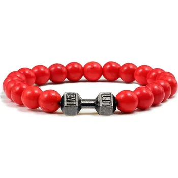 Náramek Stylový pánský náramek z kamene s motivem činky | energetický náramek, pánský náramek - Červená zbraň , 21 cm