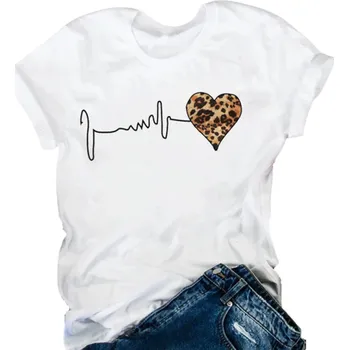 Dámské tričko Dámské tričko s krátkým rukávem Stylový potisk leopardího srdce a křivky srdečního tepu Volnočasové tričko Módní top s motivem srdce bílá XS