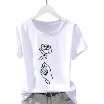 Dámské tričko Dámské bílé tričko s minimalistickým potiskem růže v ruce Jednoduché tričko s krátkým rukávem a kulatým výstřihem Ležérní styl S