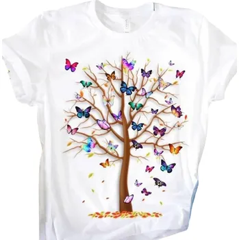 Dámské tričko Dámské bílé tričko s potiskem stromu a barevných motýlů Tričko s krátkým rukávem a kulatým výstřihem Přírodní motiv pro volný čas L