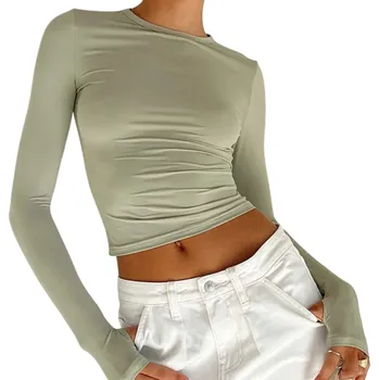 Dámské tričko s dlouhým rukávem Přiléhavý elastický top do pasu Módní oblečení na volný čas Elegantní tričko pro každodenní outfity zelená M