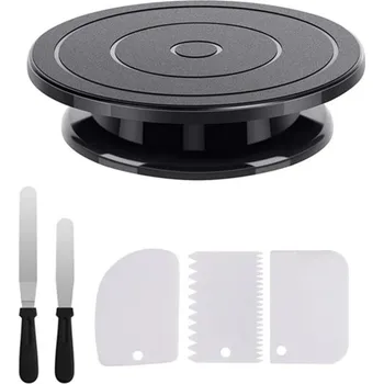 Sada na zdobení dortů 6ks Otočný plastový talíř, špachtle na polevu, hladítka na dorty, příslušenství na pečení, dekorace černá