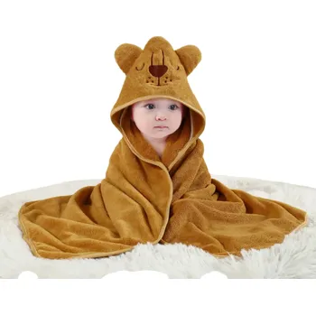 Dekorativní polštářek Dětská zavinovačka s kapucí 80 x 80 cm Fleecová osuška se vzorem lvíčete Zavinovací deka pro miminko do koupelny i postýlky