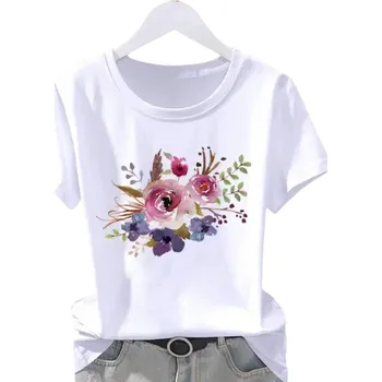 Bílé dámské tričko s krátkým rukávem Bavlněné tričko s květinovým potiskem Akvarelový motiv květin Ležérní top s kulatým výstřihem L