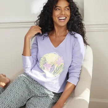 Dámské pyžamo Blancheporte Pyžamové tričko s dlouhými rukávy a potiskem Nature Sauvage lila 34/36