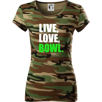 Dámské tričko Live, Love, Bowl - Dámské maskáčové triko - S ( Hnědý maskáč )