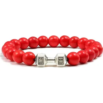 Náramek Stylový pánský náramek z kamene s motivem činky | energetický náramek, pánský náramek - Červené S , 17 cm