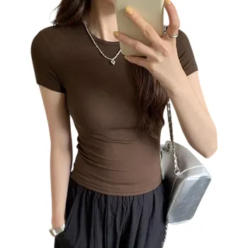 Dámské tričko Dámské tričko s krátkým rukávem Elegantní přiléhavý střih Bavlněný materiál Módní top do pasu Ležérní oblečení do města i na doma hnědá L
