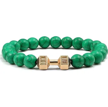 Náramek Stylový pánský náramek z kamene s motivem činky | energetický náramek, pánský náramek - Tmavě zelená G , 19 cm