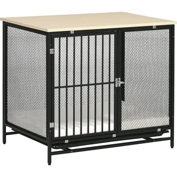 Bouda pro psa PawHut klec pro psy, psí bouda se stolkem, psí bouda s polštářem, výsuvná podlahová vanička, box pro psy, dub+černá, 80 x 55 x 71 cm | Aosom