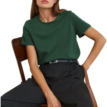 Dámské tričko Dámské volné tričko s krátkým rukávem Jednoduchý top s kulatým výstřihem Módní ležérní střih Pohodlné každodenní tričko pro volný čas tmavě zelená S