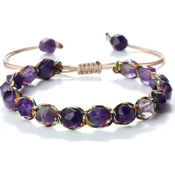 Náramek Pletený náramek s minerálnímu korálky | párový náramek, minerální náramek - Ametyst