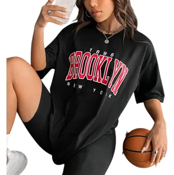 Dámské tričko Dámské černé tričko s potiskem Brooklyn New York Oversize sportovní tričko s krátkým rukávem Módní streetwear pro volný čas XL