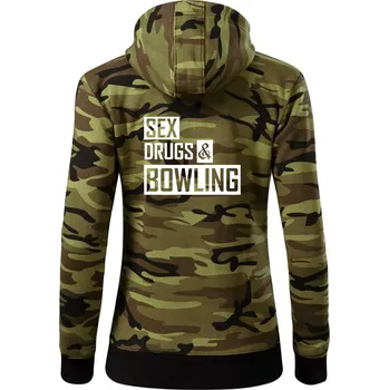 Dámská mikina Sex drugs bowling - Dámská mikina trendy zipper s kapucí - M ( Zelený maskáč )