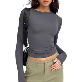 Dámské tričko s dlouhým rukávem Elegantní přiléhavý střih Prodyšný materiál Módní top do pasu Stylové tričko pro každodenní nošení šedá S
