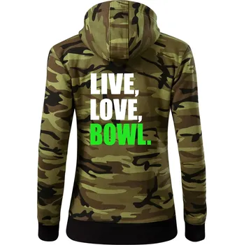 Dámská mikina Live, Love, Bowl - Dámská mikina trendy zipper s kapucí - XS ( Zelený maskáč )