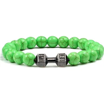 Náramek Stylový pánský náramek z kamene s motivem činky | energetický náramek, pánský náramek - Zelená zbraň , 21 cm