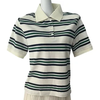 Dámské pruhované tričko s límečkem Elegantní bavlněné polo tričko se zapínáním u krku Volnočasové tričko v retro stylu béžova L