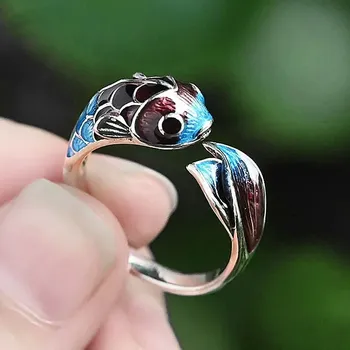 Prsten Stříbrný nastavitelný koi prsten čínského stylu | stříbrný prsten, dámský prsten