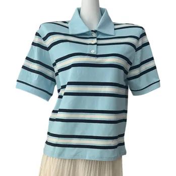 Dámské pruhované tričko s límečkem Elegantní bavlněné polo tričko se zapínáním u krku Volnočasové tričko v retro stylu modrá M