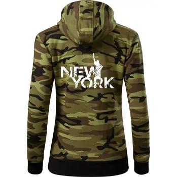 Dámská mikina New York retro - Dámská mikina trendy zipper s kapucí - M ( Zelený maskáč )