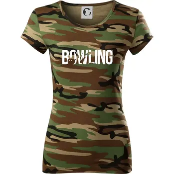 Dámské tričko Bowling nápis kuželky - Dámské maskáčové triko - S ( Hnědý maskáč )