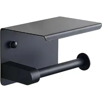 WC štětka Držák na toaletní papír 14 x 10 cm z nerezové oceli Bez vrtání Nástěnný držák s policí na telefon Držák papírových ručníků Koupelnové doplňky černá