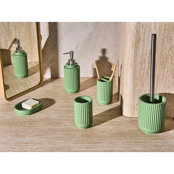 Dávkovač mýdla 5dílná sada koupelnových doplňků zelená umělá pryskyřice dávkovač mýdla miska na mýdlo toaletní štětka kelímek držák na zubní kartáček Beliani