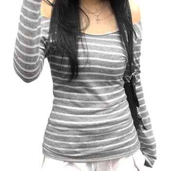 Dámské tričko Dámské pruhované tričko s dlouhým rukávem Odhalená ramena Slim fit top Elegantní pružný materiál Módní pohodlné oblečení na volný čas šedá L